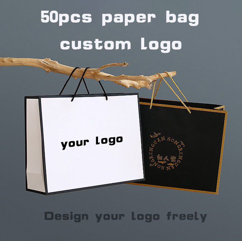 50pcs Paper Bags Custom logo Phnom Penh  Gift Tote Bag printing logo Paper Shopping Bag double sided Printing Logo free design