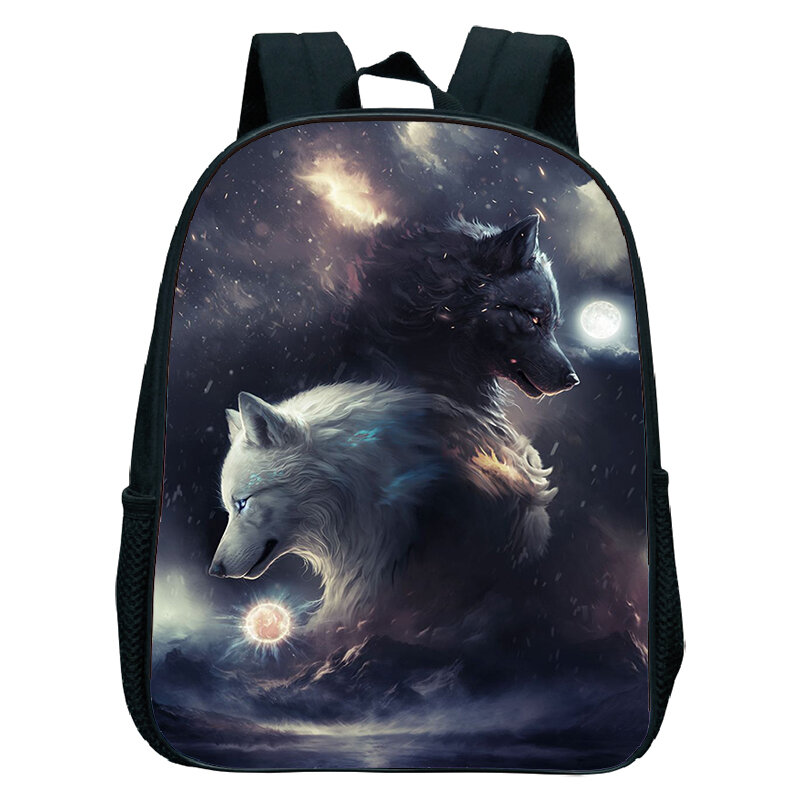 Sac à dos loup hurlant à la lune pour enfants, sacs d'école 3D, cartable Galaxy Wolf pour enfants, sac à dos étanche pour filles et garçons