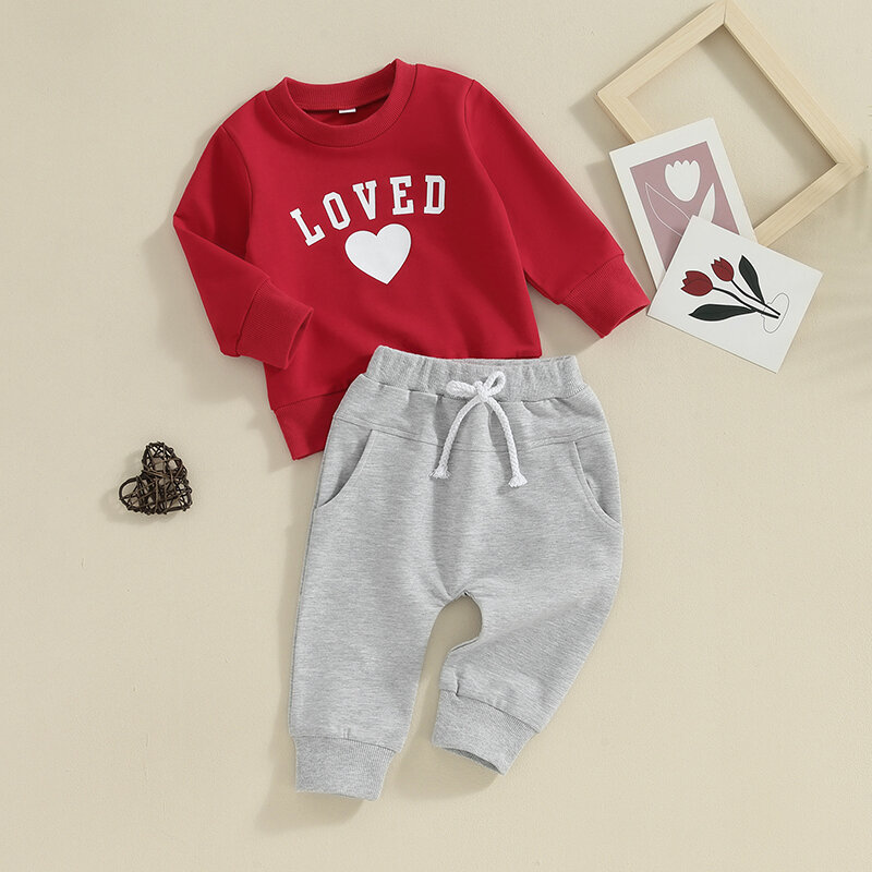 Conjunto de moletons e calças de manga comprida com estampa de coração feminino, criança, roupas de meninos, roupas de dia dos namorados, 2023-11-09