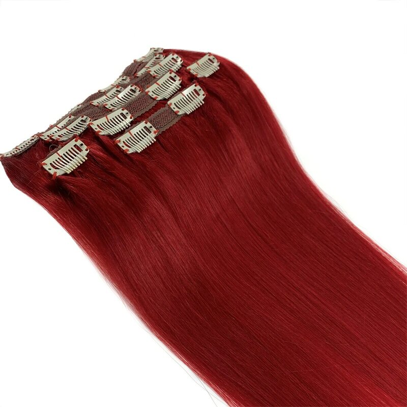 Straight Clip-in Remy extensões de cabelo humano, cabelo humano real, cabeça cheia, # Red, 15in-18in, 70G, 7PCs