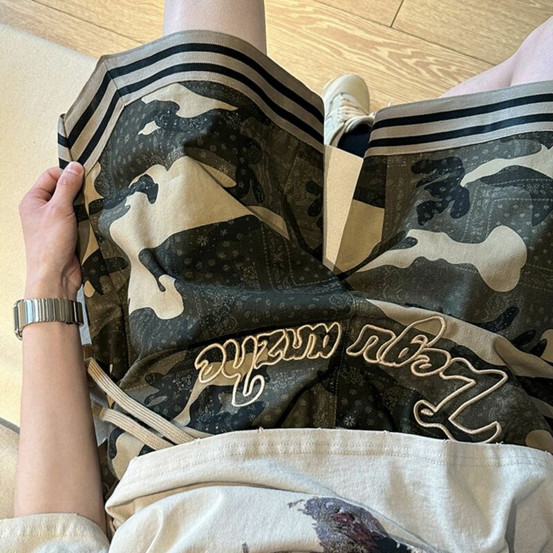 Embroidered camouflage hip hop casual shorts men's summer loose boys' cropped pants drawstring pants mid-pants