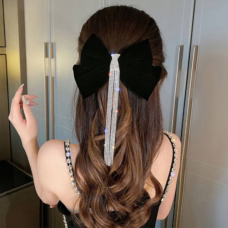 Big Bow Bling Rhinestone Tassels Hair Clip Satin Hairpins Barrettes Wedding Korean Hair Clips Hairgrip Accessories For Women