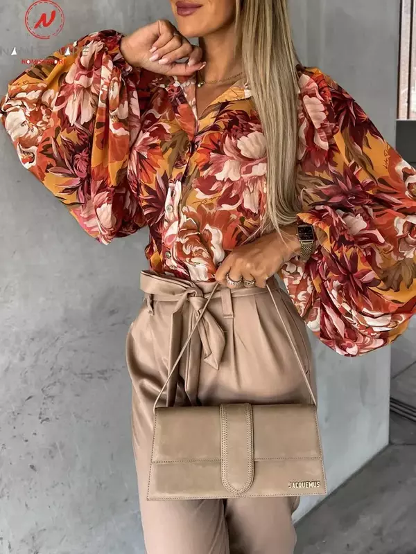 레트로 여성 프린트 티셔츠, 싱글 단추 디자인 턴 다운 칼라 셔츠, 소매, 봄/가을 캐주얼 루즈한 가디건 탑