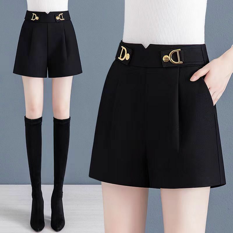 Spring New High Waist Loose Wide Leg A-line Shorts Women Solid Pockets Simple Fashion Korean Versatile Outwear Casual Suit Pants