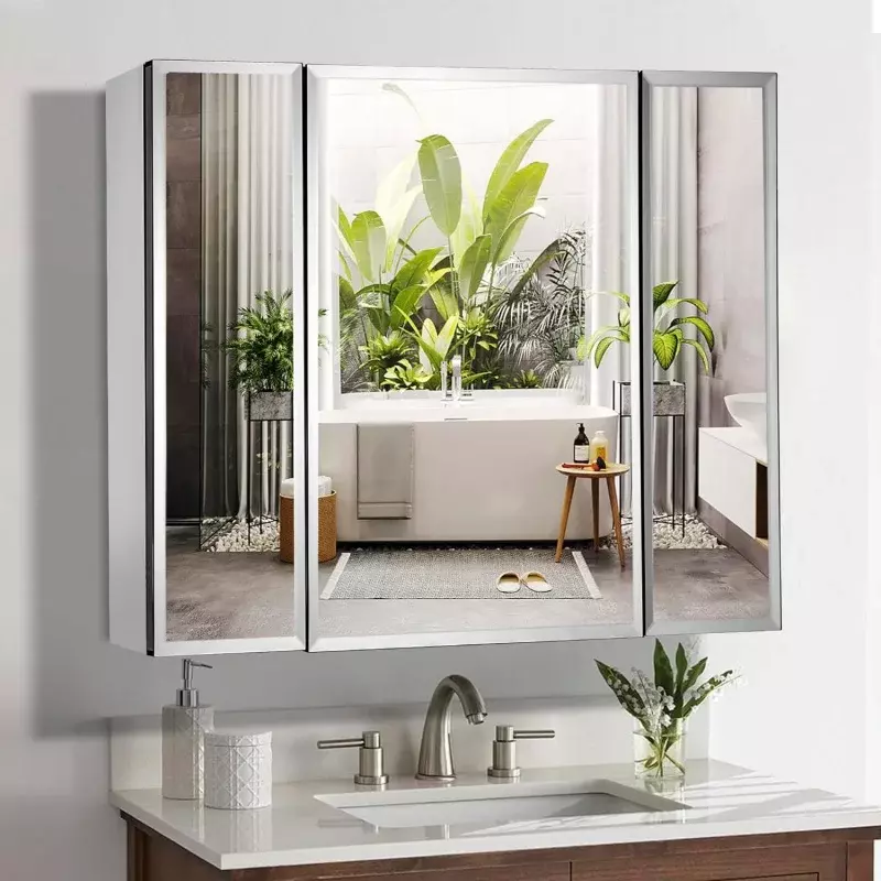 Double Doors Medicine Cabinet with Mirror, 36 inch X 26 inch Aluminum Bathroom Medicine Cabinet, Adjustable Glass Shelves, Water