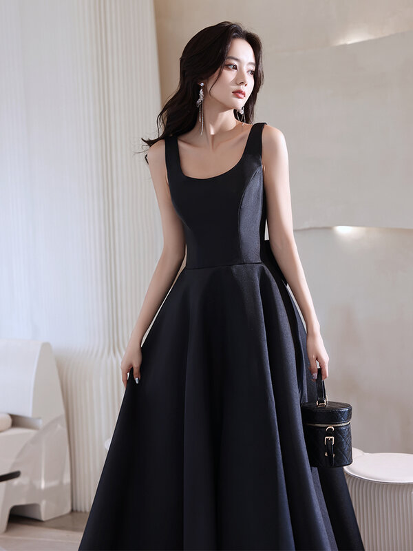 Elegantes schwarzes Satin abendkleid ärmellose rücken freie Schleife lange Festzug kleider Frauen einfache formelle Party kleider