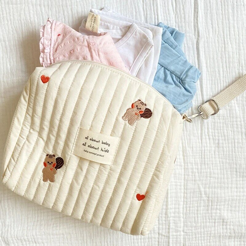 Bolsa de pañales para cochecito de bebé, Organizador con bordado de oso, multifuncional, para lactancia, mamá, bolsa de maquillaje de viaje