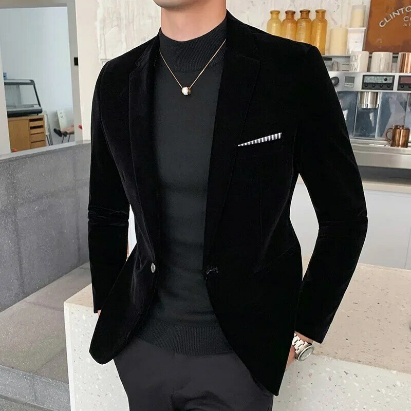 2023 Herbst Samt Anzug Jacke hochwertige lang ärmel ige Slim Fit Blazer Mode Männer formelle Business Club Kleid Blazer homme