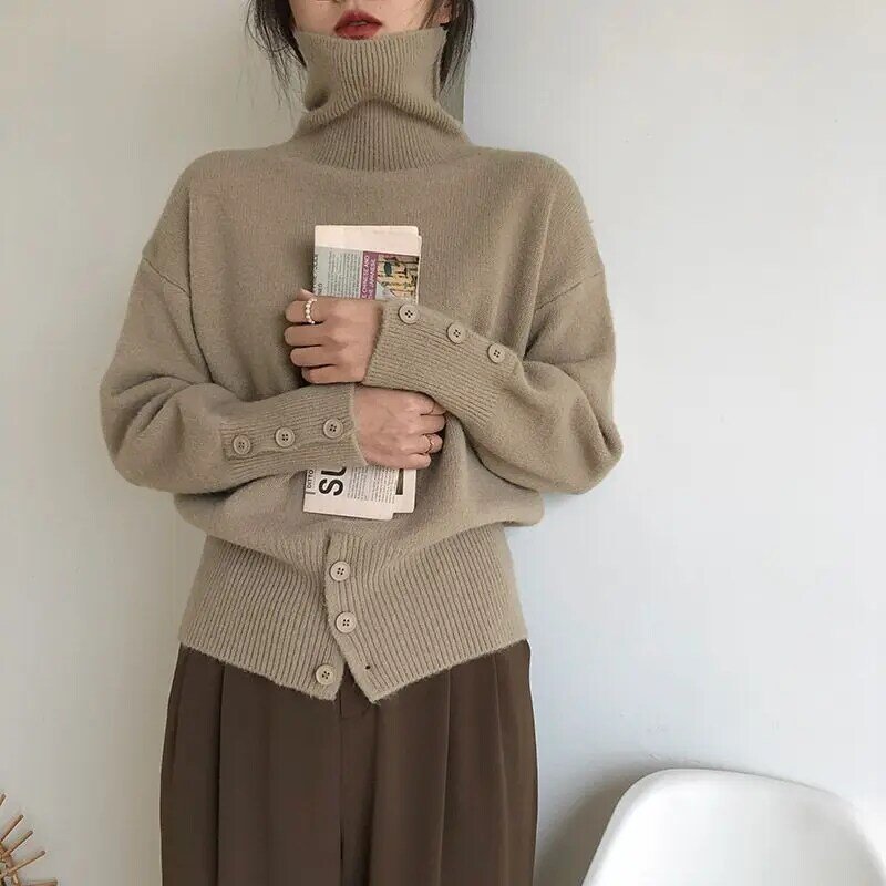 Sweater rajut leher kura-kura wanita, pullover Y2k desain kancing cantik mode Korea 5 warna Retro elegan musim gugur musim dingin