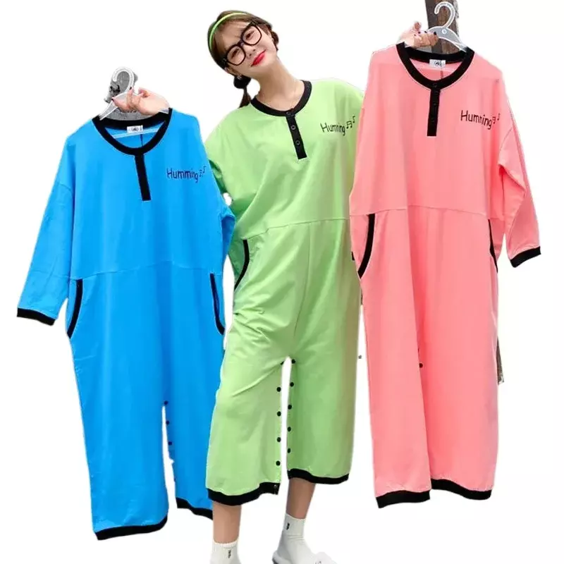 7011c-3 piyama katun murni wanita, baju tidur katun lengan pendek musim panas lucu satu potong bisa dipakai di luar