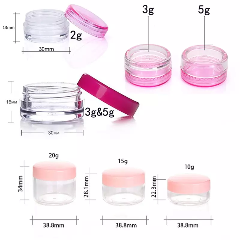 Frascos de plástico cosméticos com tampas, adequado para creme facial Lip Balm Containers, pequenas capas coloridas, vazias, viagens, claras, 10pcs, 2g - 20g