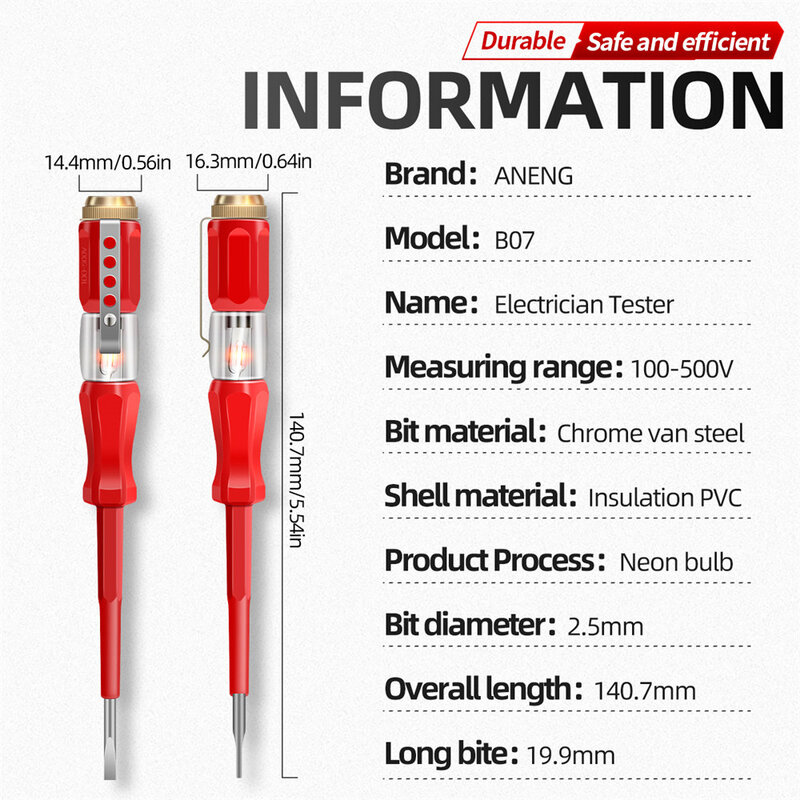 B07 Tester elettrico penna indicatore di tensione Test matita cacciavite 100-500V lampadina al Neon penna di misurazione dell'isolamento senza contatto