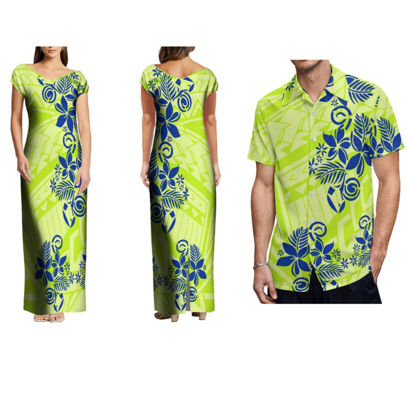 Polinezyjska ubrania dla par na zamówienie damska sukienka z dekoltem w serek sukienka z charakterem męska z krótkim rękawem artystyczna koszula letnie przyjęcie modny nadruk