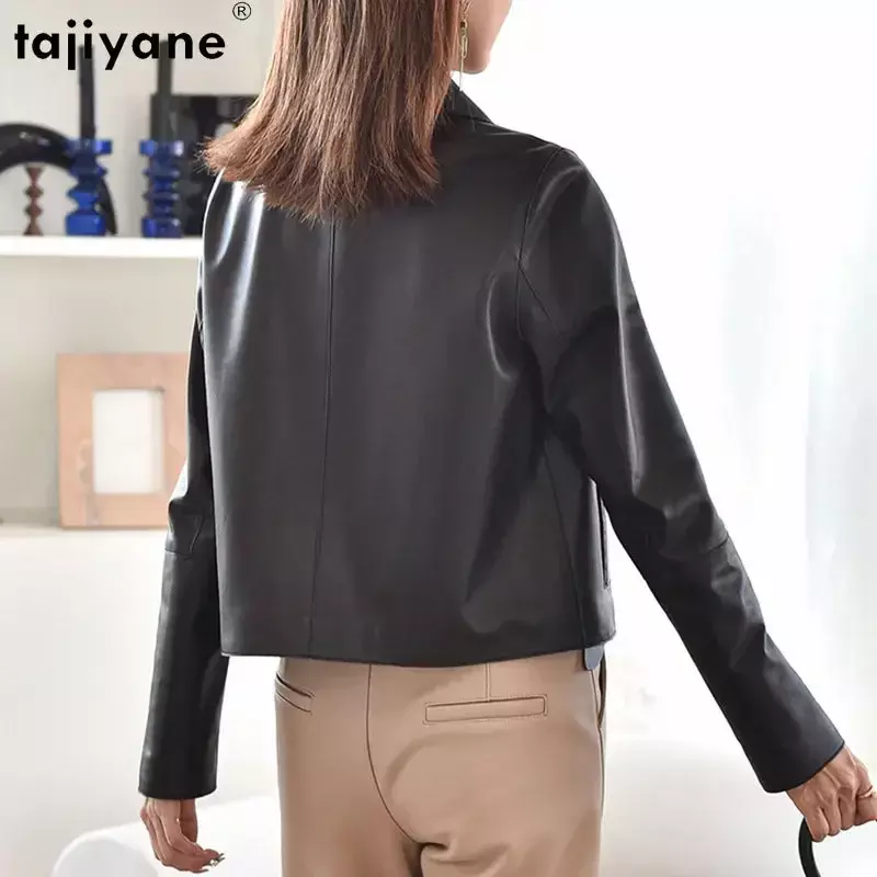 Tajiyane 여성용 진짜 가죽 재킷, 2023 짧은 패션 가죽 재킷, 싱글 브레스트 가죽 코트, 정품 양가죽 코트