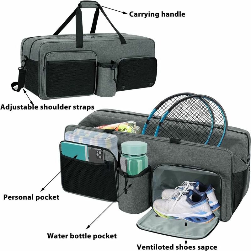 Durable Tennis Crossbody Bag Gray with Handle Tennis Equipment Package Raquet Carrier Large Capacity Rackets Balls Bags Men