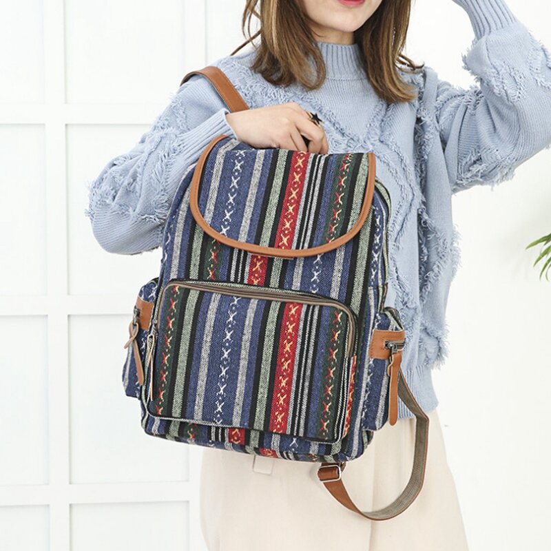 Women National Style Canvas Wide Shoulder Strap Bucket Fashion Wild Simple Printing Travel Backpack