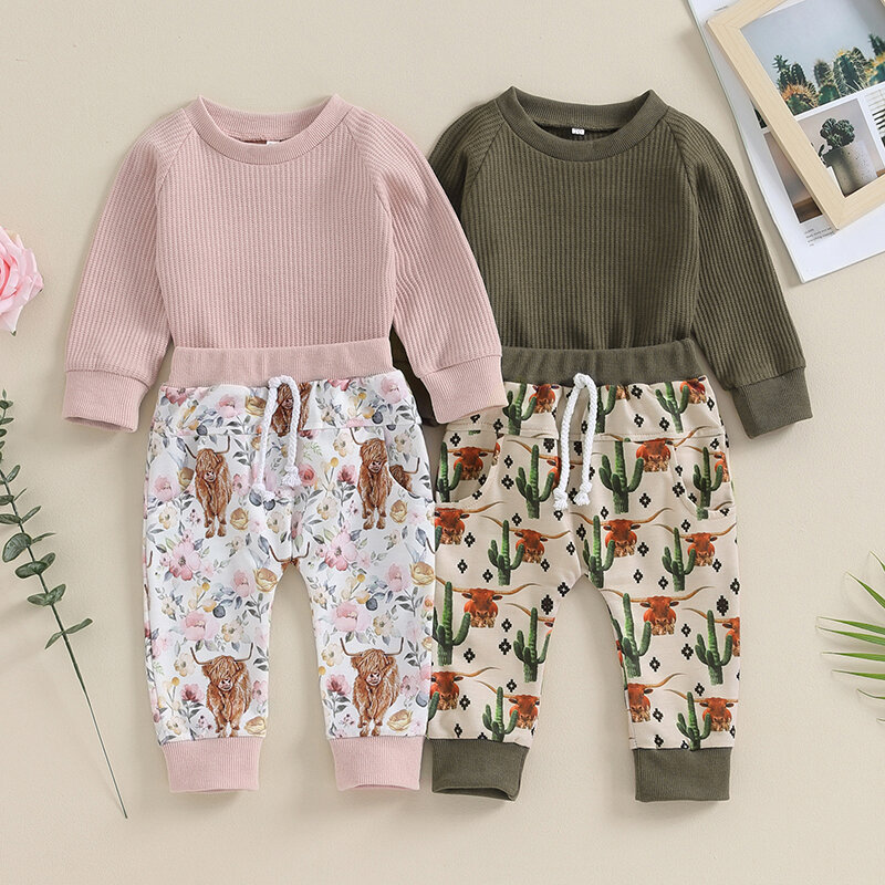 Toddler Baby Girl Autumn Western Clothes Waffle Solid Color Long Sleeve Sweatshirt Cattle Flower Pattern Pants Casual Outfit