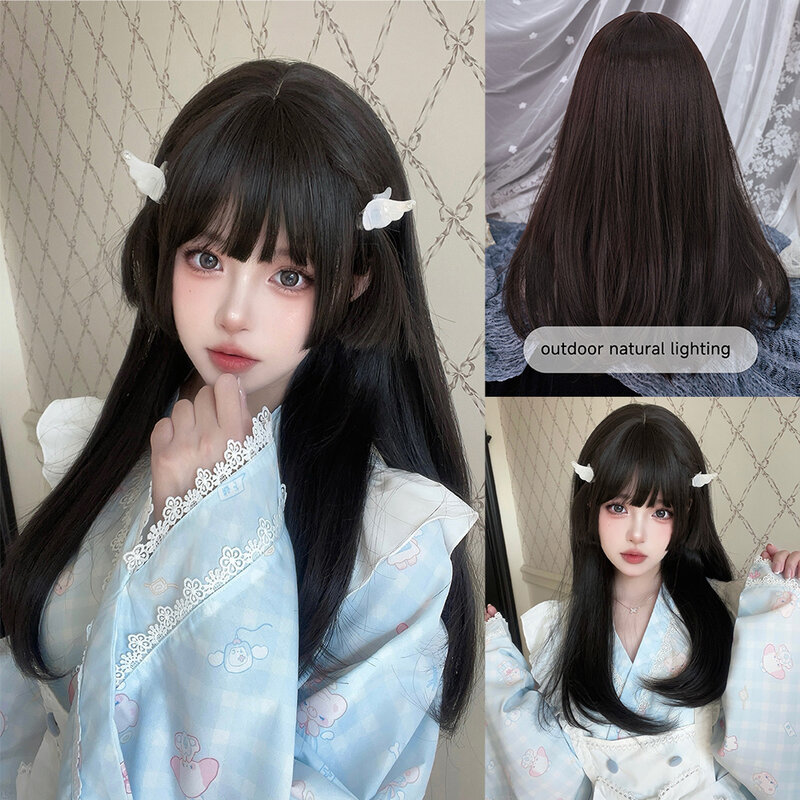 22Inch Black Lolita Hime Cut Synthetic Wigs with Bang Long Natural Straight Hair Wig for Women Daily Use Cosplay Heat Resistant