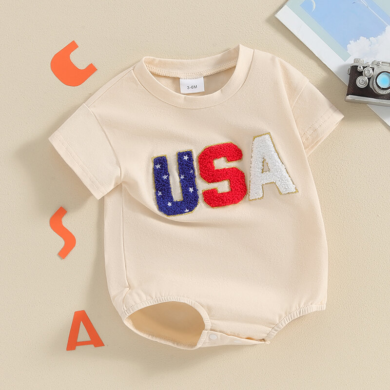 Visogo-赤ちゃんの女の子と男の子のロンパース、文字の刺繍が施された半袖のジャンプスーツ、ラウンドネック、新生児、4番目、夏