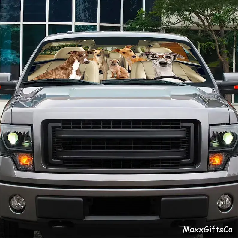 Casing penutup mobil Greyhound, kaca depan, Aksesori Mobil penahan matahari keluarga anjing, hadiah pecinta mobil, dekorasi mobil
