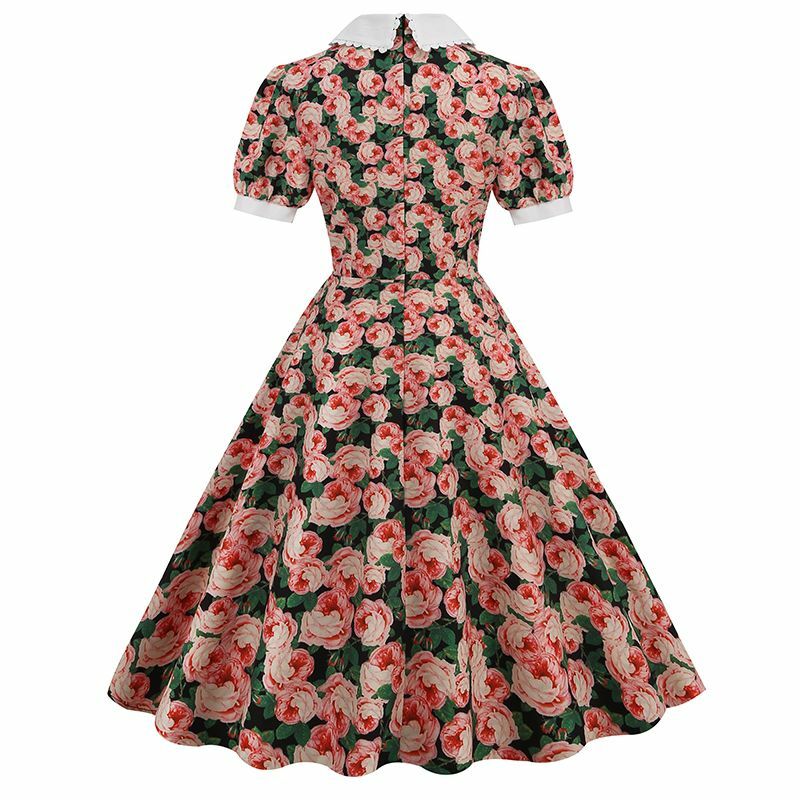 Vestido de verano Retro europeo y americano con estampado de flores Hepburn, cuello de muñeca, cintura delgada, manga de burbuja, nuevo, 2024