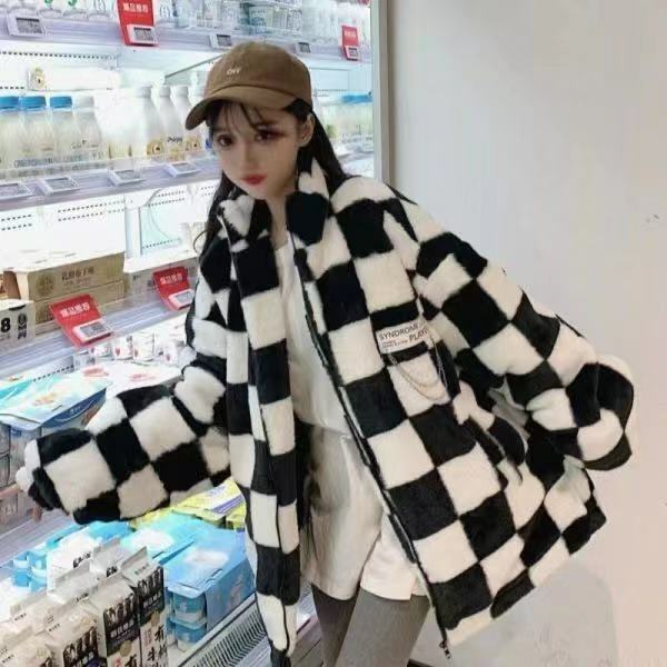 Giacche a scacchiera di agnello di lana spessa autunno e inverno da donna casual stile coreano all-match vento pigro top giacca di media lunghezza