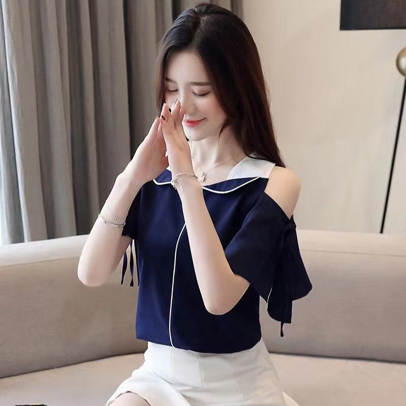 Elegante Mode Harajuku Slim Fit weibliche Kleidung lässig alle Match Tops Frauen Patchwork Einsatz koreanische Version Kurzarm Blusa