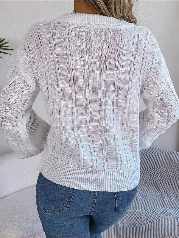 Suéter de manga larga a cuadros para mujer, blusa de punto de Color sólido con solapa informal, nueva moda de otoño e invierno