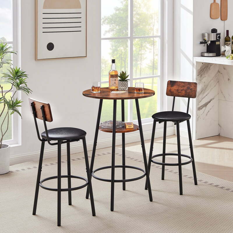 3-Piece Bar Table Set, Round Pub Dining Table & PU Upholstered Stools with Backrest for Kitchen Small Space, Rustic Brown