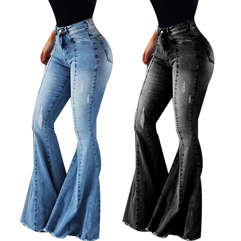 Calça jeans feminina slim fit de sino com fundo, cintura alta, bootleg, stretch, calça flare feminina, perna larga, rasgada, na moda