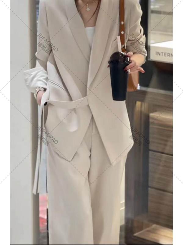 Damski wiosenny nowy sensowny garnitur z pasami kurtka dla seniorów luźny swobodny garnitur ubranie biurowe kobiet kostium Femme