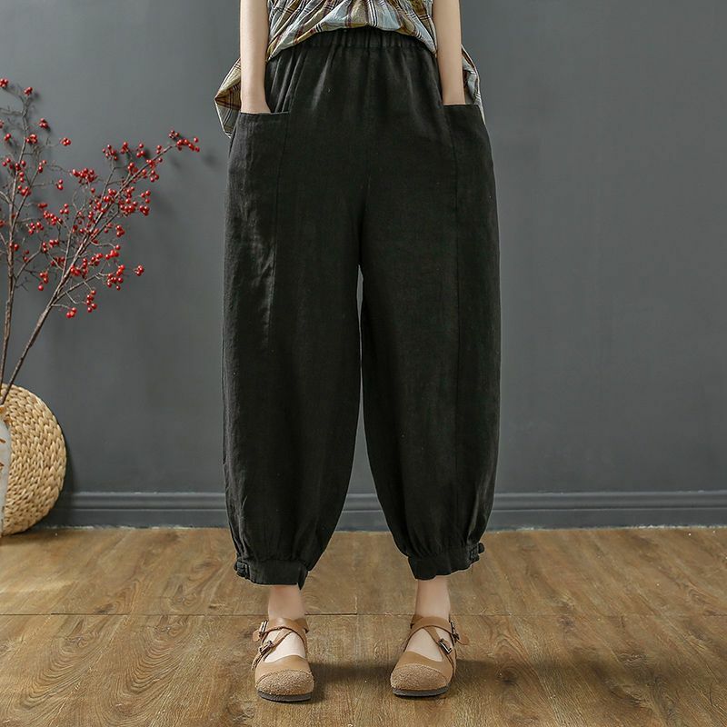 Solid Color Patchwork 2023 New Elastic Waist Ladies Fashion Loose Women's Clothing Casual Pocket Summer Thin Cotton Harem Pants