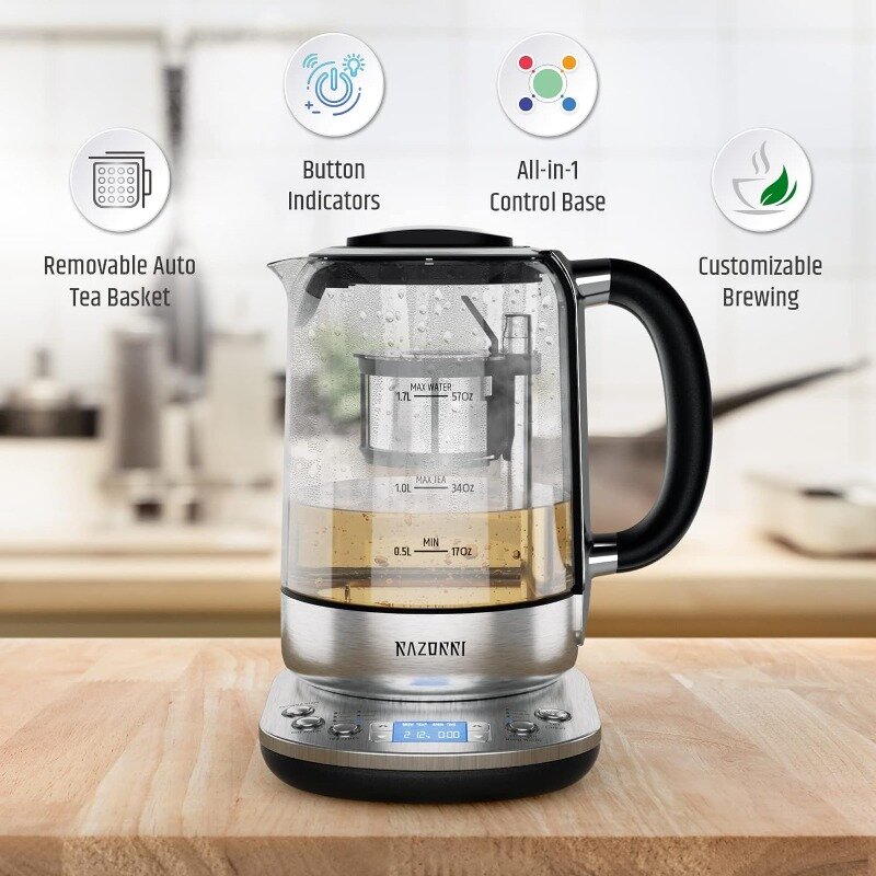Электрический чайник Razorri 1,7 л с автоматическим заварочным устройством для заваривания чая, стеклянный чайник из нержавеющей стали