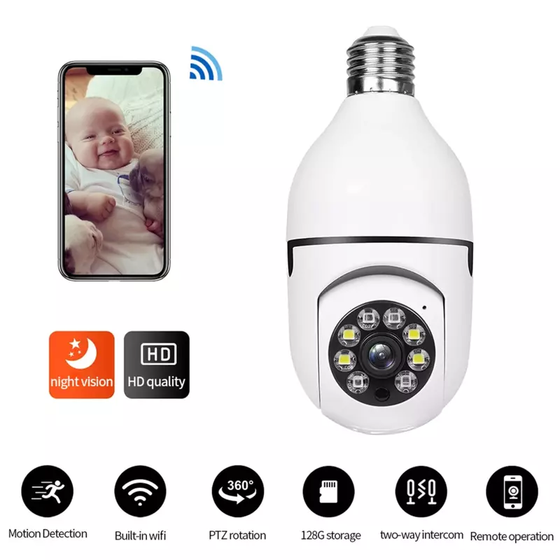 Mini Câmera de Segurança Lâmpada, Tomada de 360 ° Tilt Light, Auto Tracking, Visão Noturna, Sirene, Pan, Tomada E27, A6, 355 °