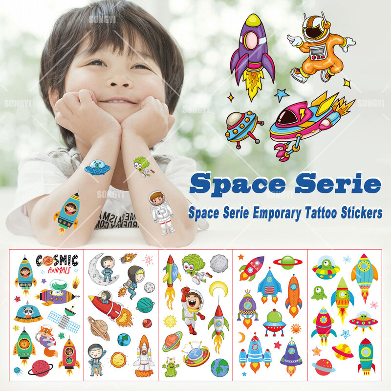 10 Sheets/Set Spacetemporary Tattoo Stickers Astronaut Rocket Ster Ruimteschip Douche Kids Gift Body Make Sticker Tattoos