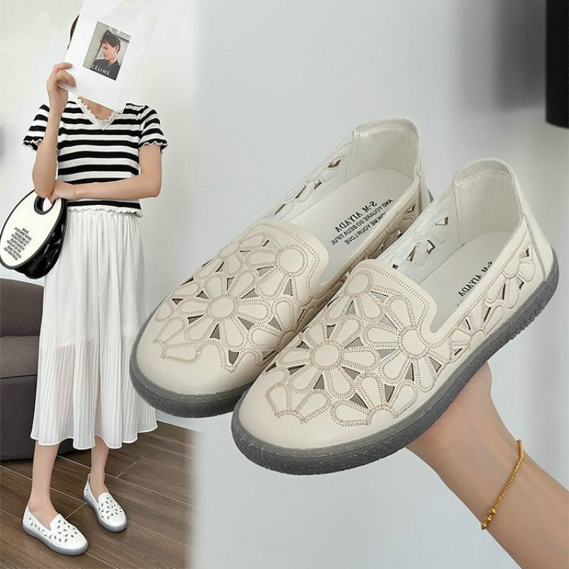 Shoes for Women 2023 Hot Sale Square Toe  Embroidery Women's Flats Summer Casual Ladies Ballet Shoes Solid Hollow Female Loafers