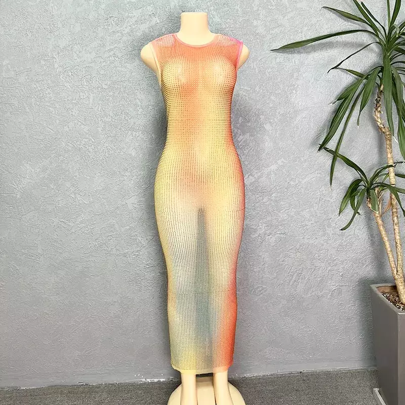 Długa sukienka damska Rainbow Hot Diamond 2023, nowa seksowna, wąska damska sukienka midi bez rękawów