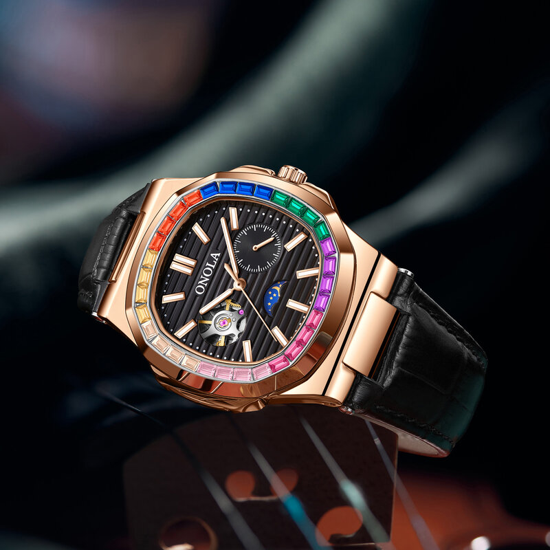 ONOLA Fashion Colorful Diamond Hollow orologi meccanici completamente automatici da uomo e da donna orologio da uomo in pelle impermeabile