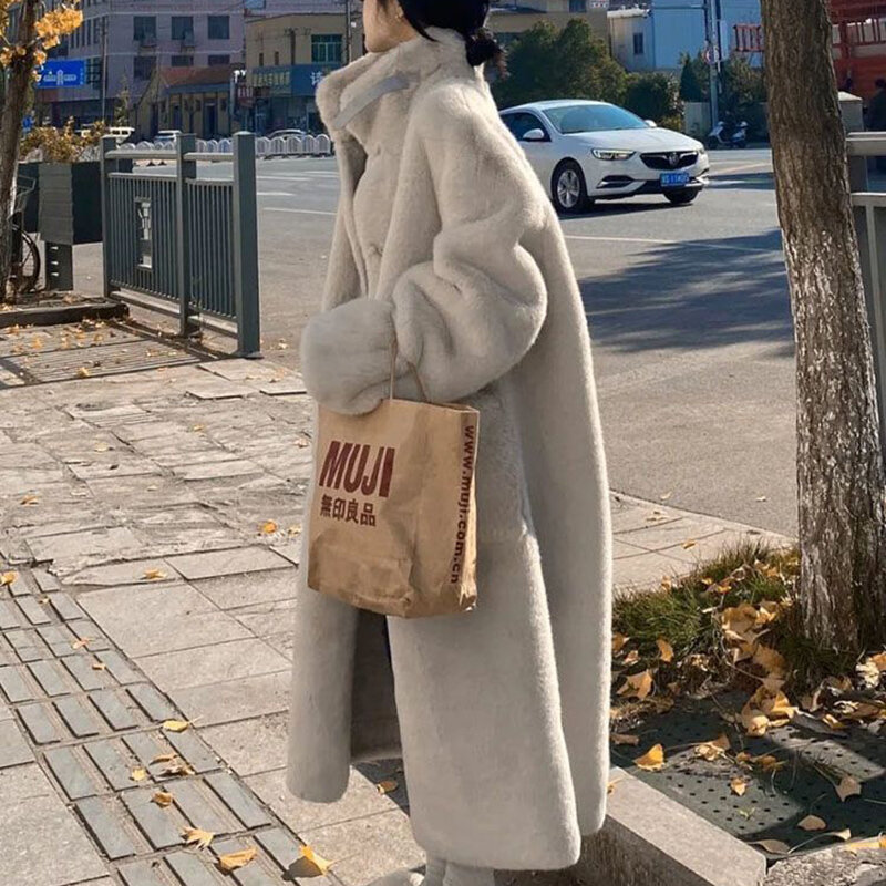 Mantel bulu imitasi wanita, jaket Luaran hangat ramping panjang setengah longgar kasual Korea modis
