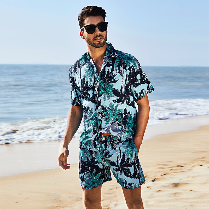 Nowe hawajskie koszule i szorty Zestawy męskie zapinane na guziki 2-częściowe letnie codzienne wakacje Hawaje Tropikalne stroje plażowe Odzież męska