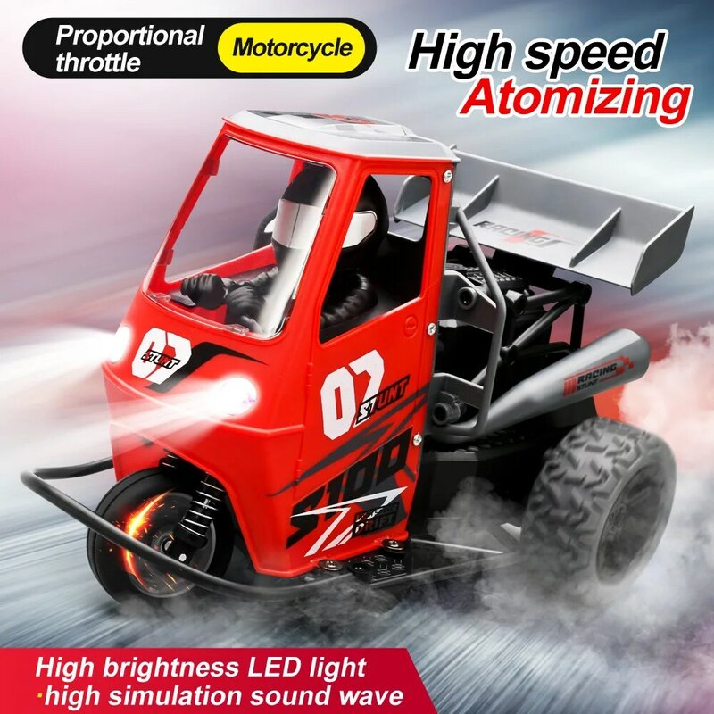 1:16 RC Cars 2.4G 25 km/h telecomando moto luci a LED Spray motore a spazzole di carbone ad alta velocità a tre ruote Drift Car Gifts