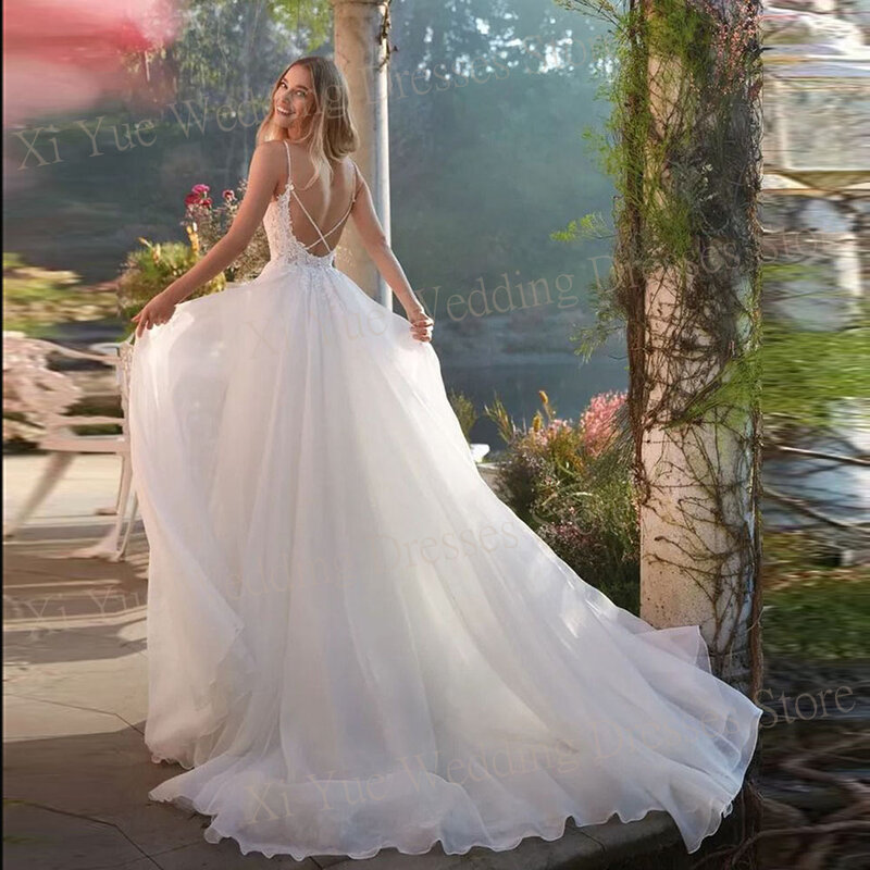Sexy Exquisite Spaghetti Straps Wedding Dresses A Line Lace Appliques Bride Gowns Sleeveless Backless Princess Vestido De Novias