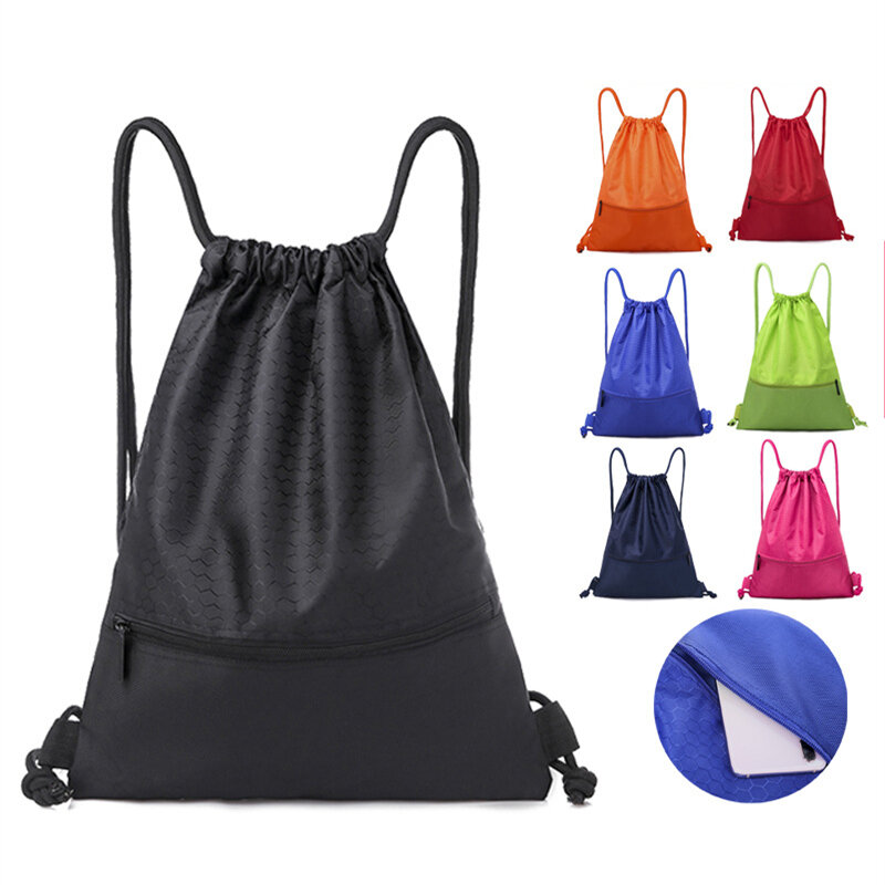 Mochila de nylon impermeável para homens e mulheres, mochila para estudantes, zíper, sacos de bola de corda, bolsa de armazenamento, fitness, esporte ao ar livre