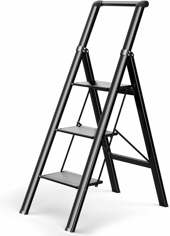 3 Step Ladder Folding Step Stool with Wide Non-Slip Sturdy Treads and Convenient Handles Aluminum Lightweight Portable Adult