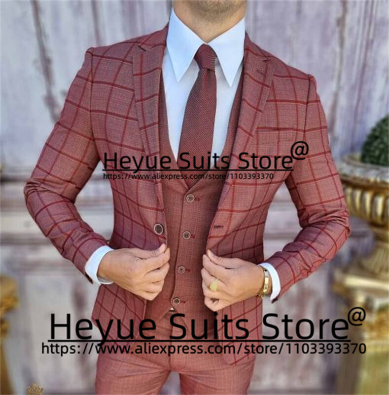 Biznesowy oficjalne garnitury w kratę dla mężczyzn Slim Fit proste klapy szyte na miarę smokingi dla pana młodego elegancka męska marynarka kostium homme moderne