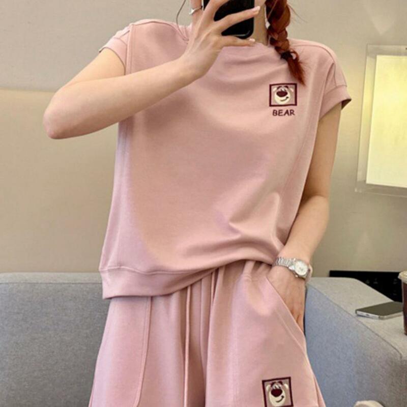 Short-sleeved Crew Neck Top Cartoon Bear Embroidery Women's Top Shorts Set with Drawstring Elastic Waist Tracksuit for Summer