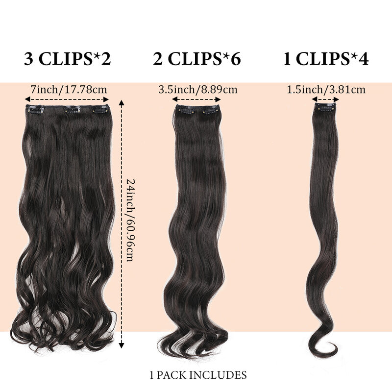 Clip in Hair Extensions 24 Inch Long Wavy High Quality Synthetic Hairpieces 12PCS/Pack Thick Double Weft Soft Hair for Women
