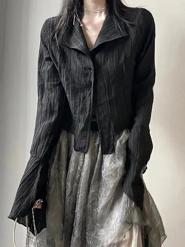 Camisa de manga comprida gótica feminina, moda coreana, roupa de rua picante, design irregular Y2K, blusa justa, preta, nova