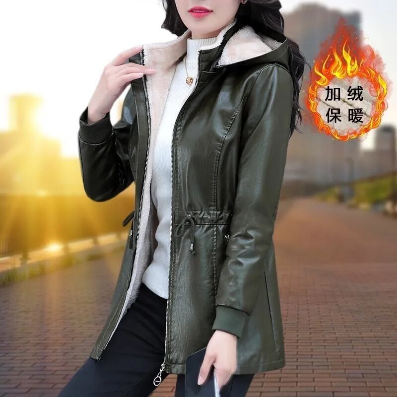 2024 Autumn Winter Jackets Plus Velvet Women's Leather Coat Black Green Hooded Fashion Outwear Zipper Thick Warm Short Jacket