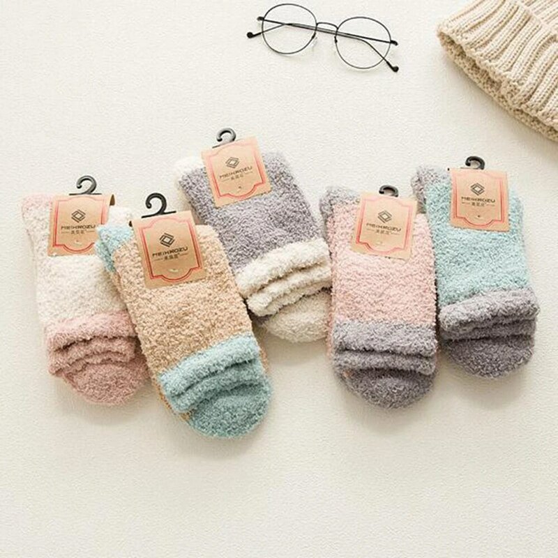 Women's Bed Socks Pure Color Fluffy Warm Winter Christmas Gift Soft Floor Home Candy Color Coral Fleece Autumn Velvet Socks 2024